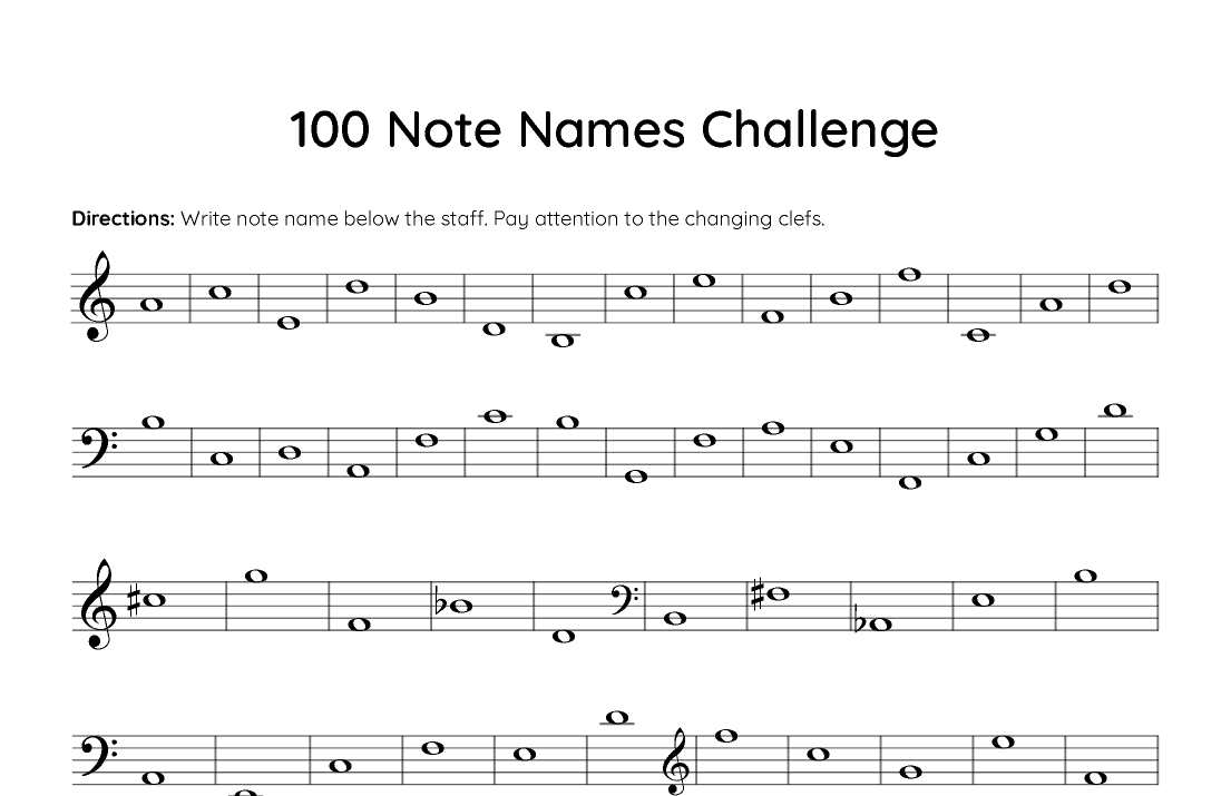 100 Note Names Challenge Reproducible Music Theory Worksheet 
