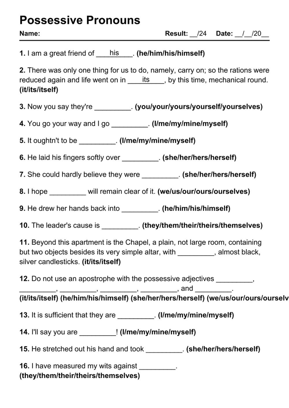 101 Possessive Pronouns PDF Worksheets With Answers Grammarism