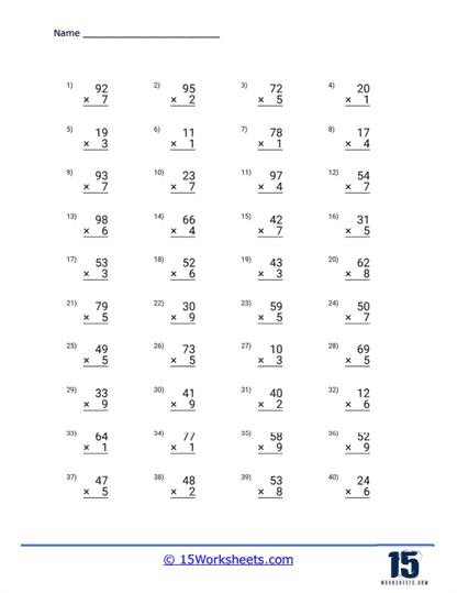 2 Digit By 1 Digit Multiplication Worksheets 15 Worksheets