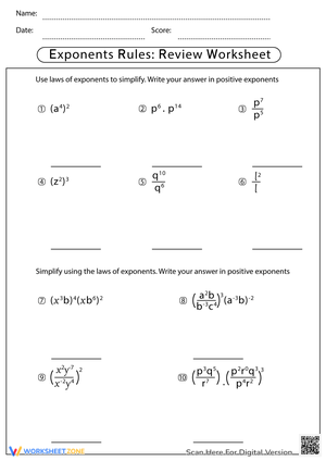 exponent rules review worksheet