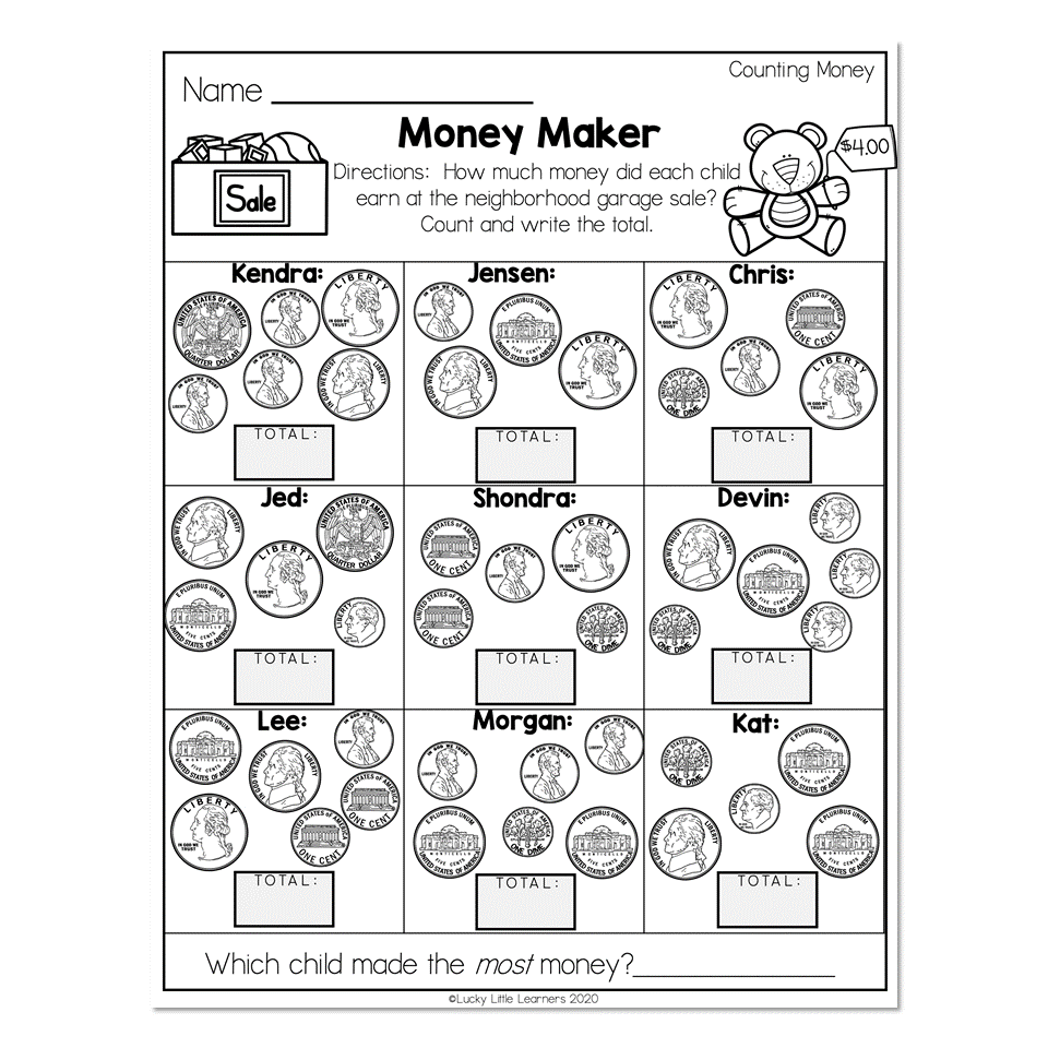 free money math worksheets