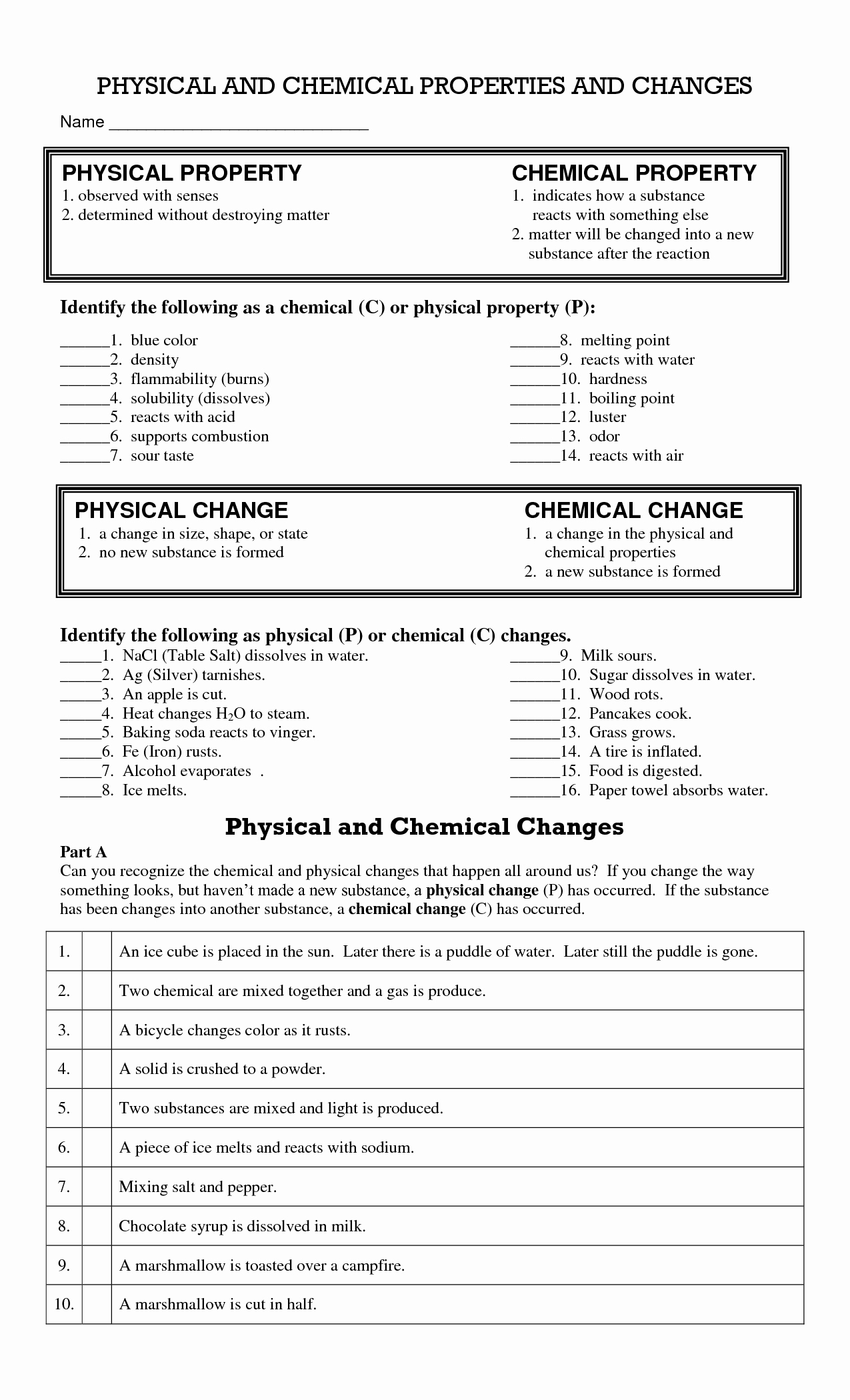physical vs chemical changes worksheet
