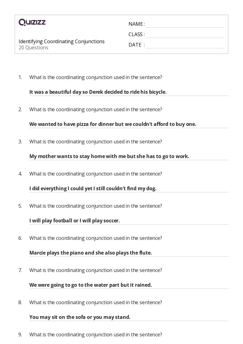 50 Coordinating Conjunctions Worksheets For 5th Year On Quizizz 