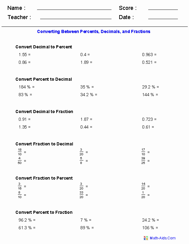 50 Fraction Decimal Percent Worksheet Pdf