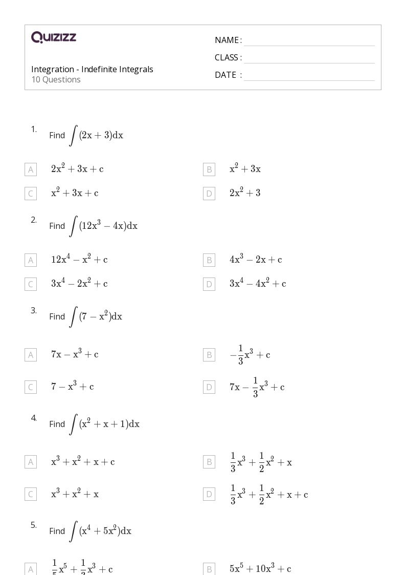 50 Integrals Worksheets For 11th Year On Quizizz Free Printable 