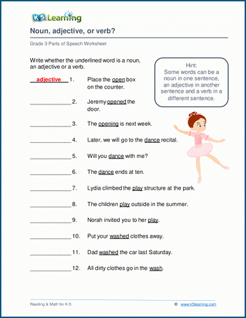 50 Noun Verb Adjective Worksheet