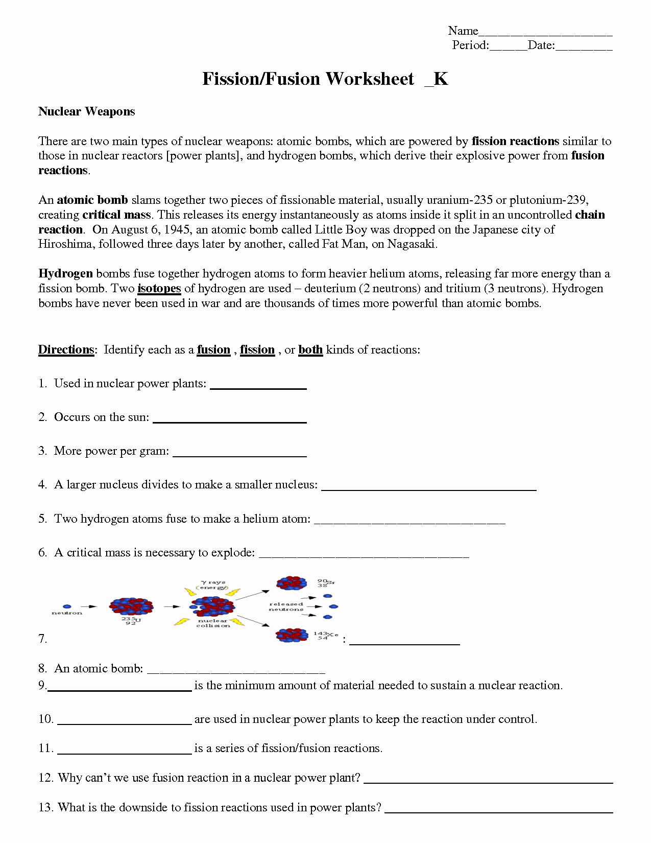 nuclear chemistry worksheet