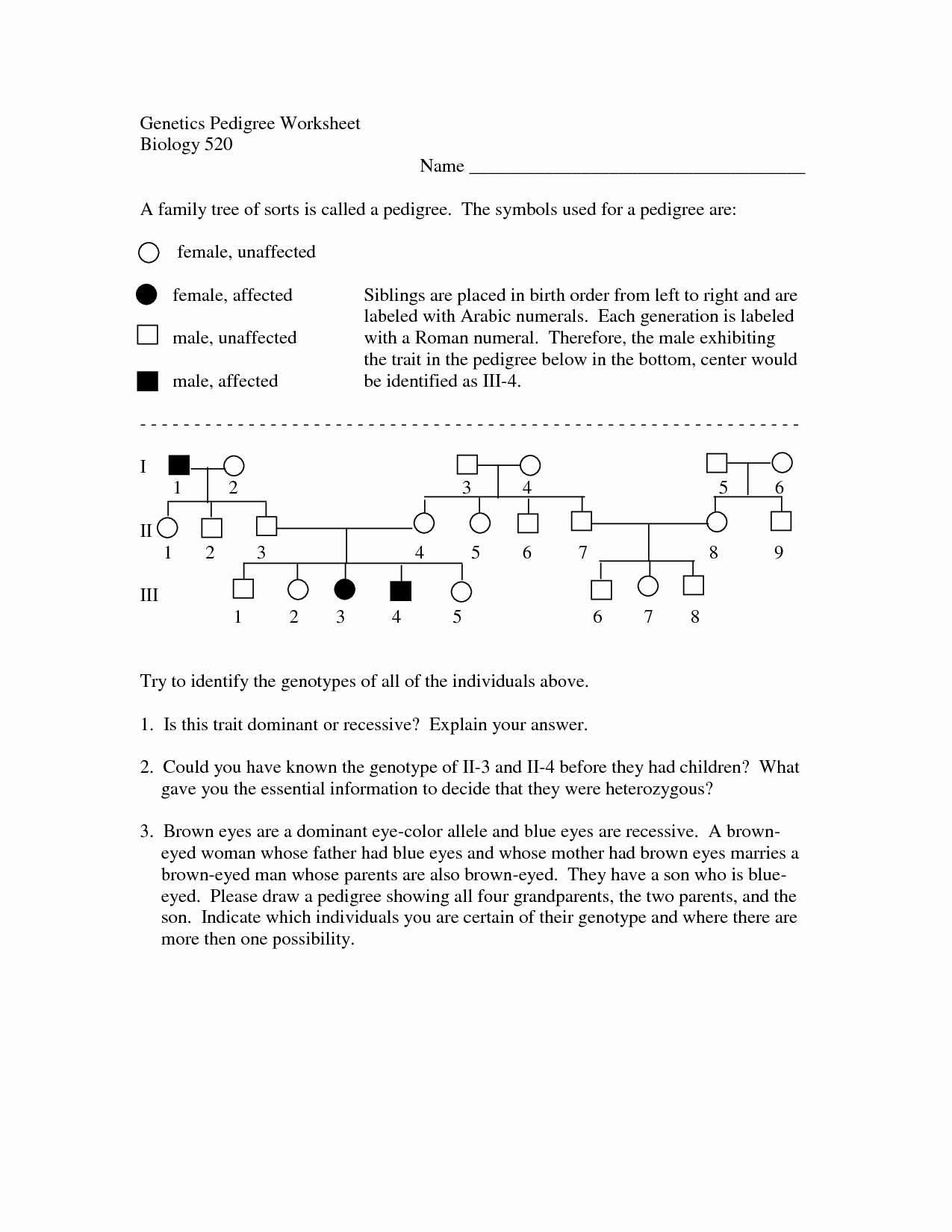 pedigree worksheet answers key
