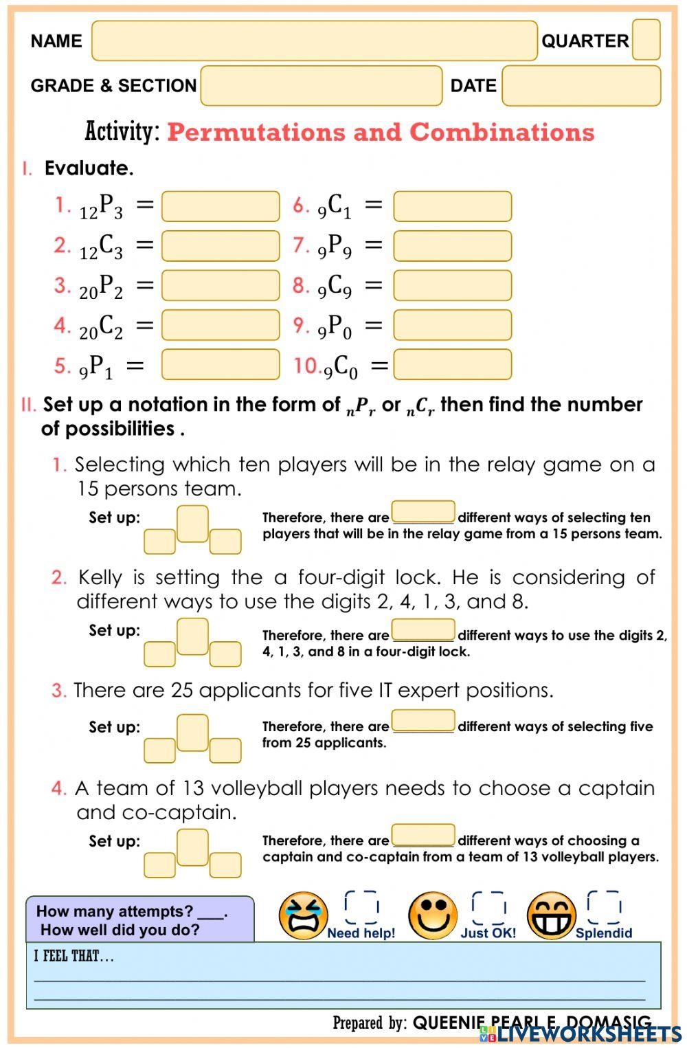 permutation combination worksheet