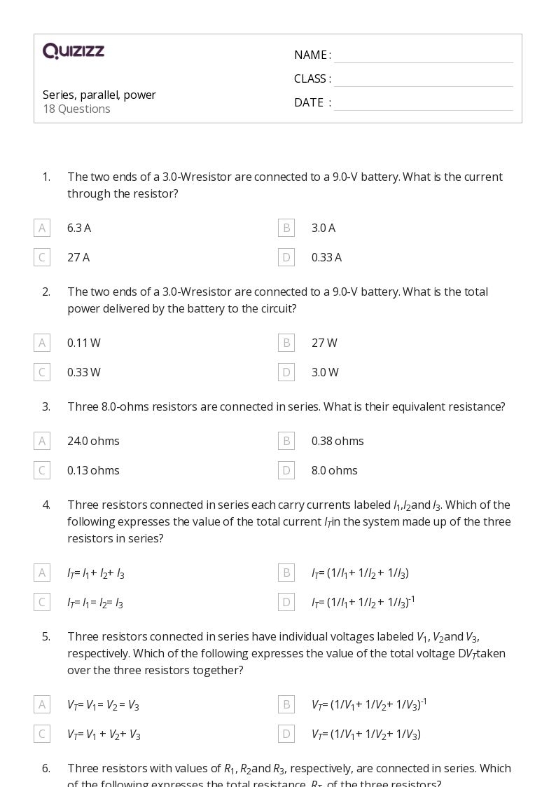 50 Series And Parallel Resistors Worksheets For 10th Year On 