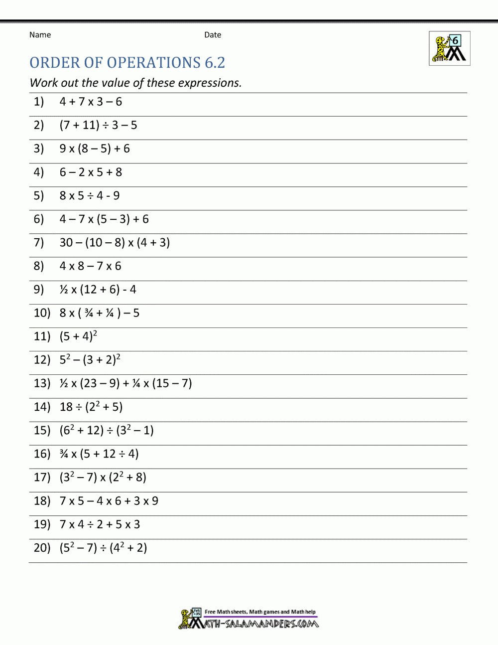 order of operations worksheet 6th grade
