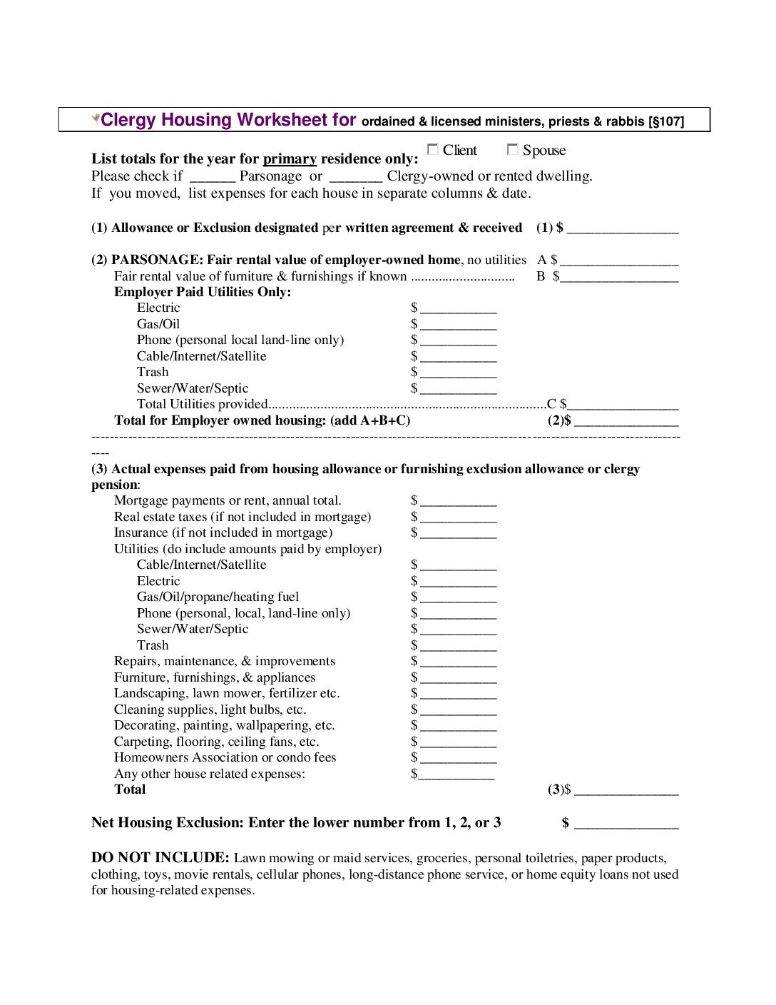 ministers housing allowance worksheet