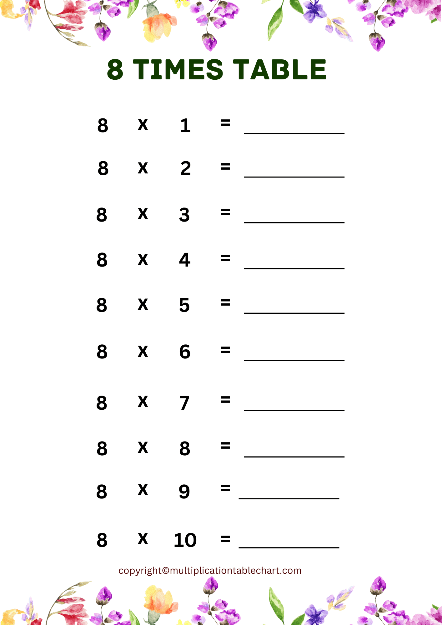 eight times table worksheet