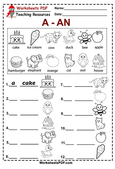 A And An Printables Worksheets PDF