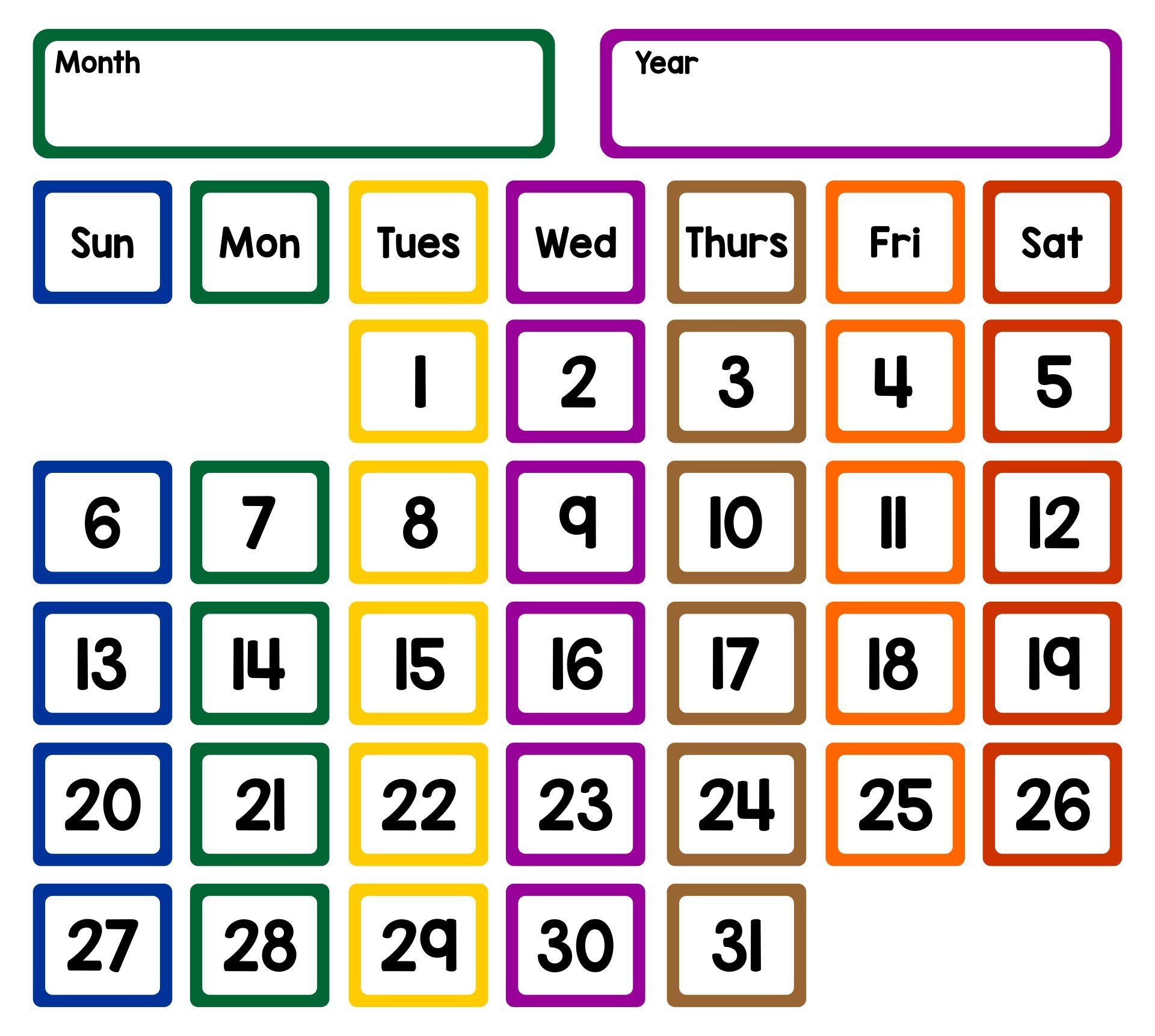 A Colorful Calendar With The Month Numbers