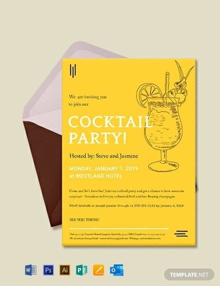 A Yellow And Brown Cocktail Party Card On Top Of An Envelope With The