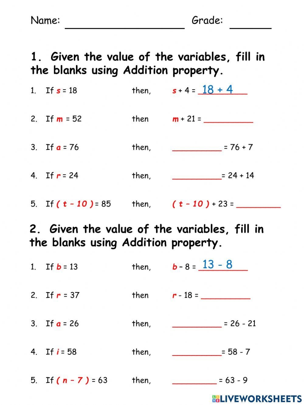 Add And Subtract Property Of Equality Worksheet Live Worksheets 