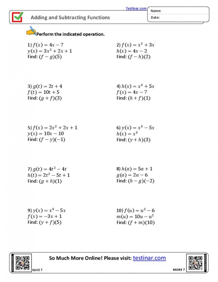 Adding And Subtracting Functions Worksheet Pdf Printable PDF Template
