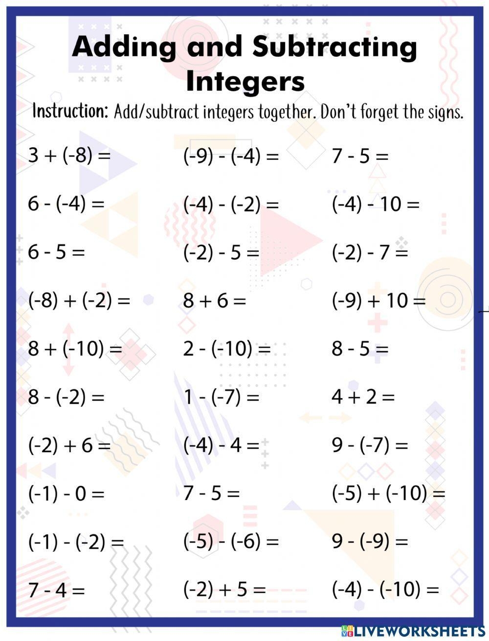 free adding and subtracting worksheets