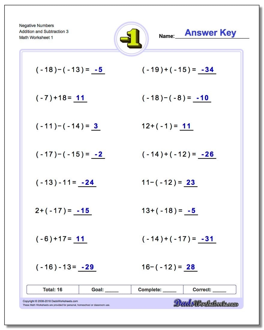 negative addition and subtraction worksheets