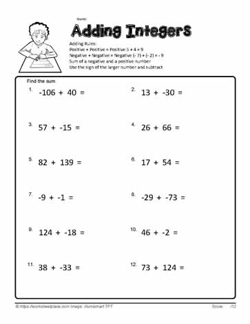 Adding Integers Worksheets