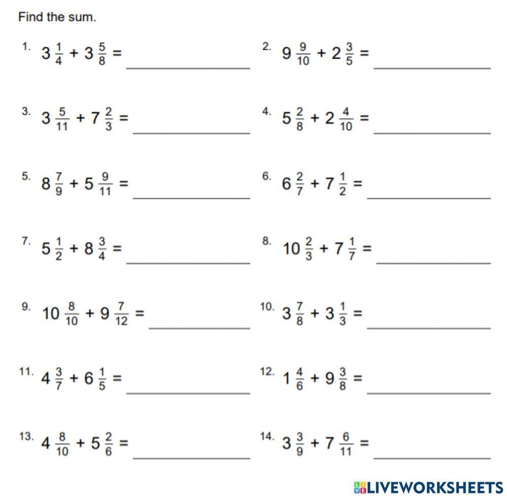 Addition Of Mixed Fractions Worksheet Live Worksheets Worksheets 