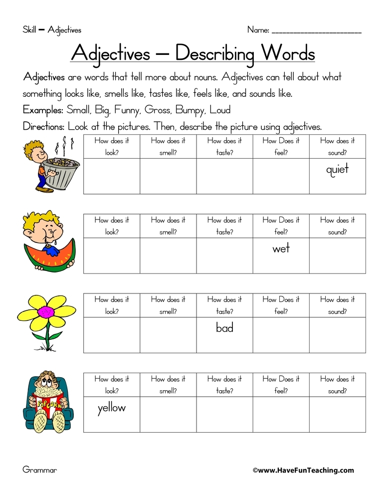 printable adjective worksheet