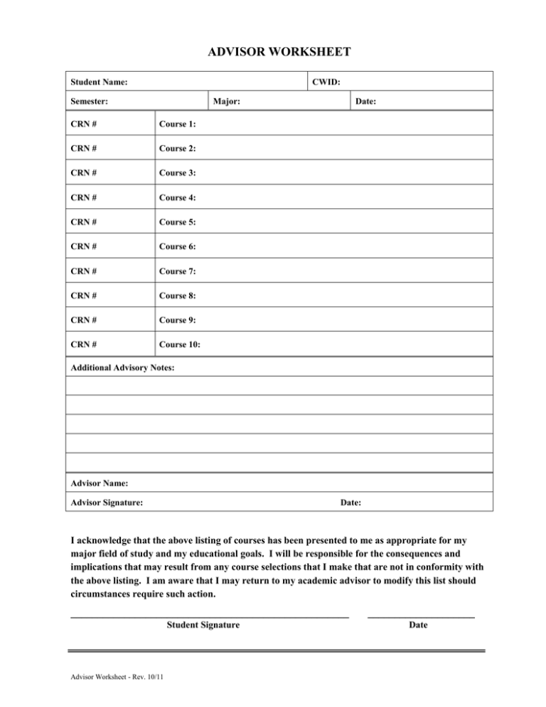 ADVISOR WORKSHEET