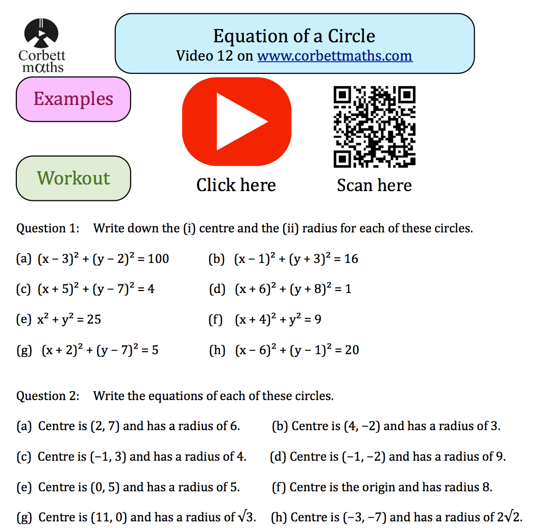equation of the circle worksheet