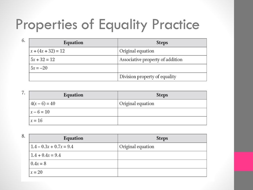 properties of equality worksheet