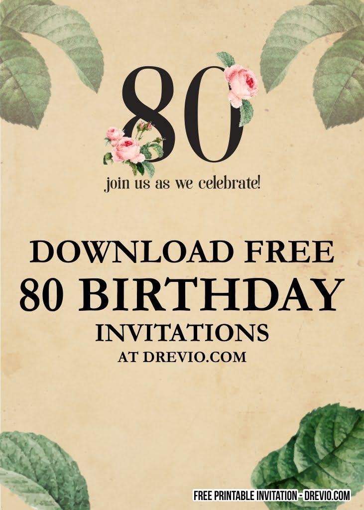 An 80th Birthday Party Card With Roses And Leaves On The Front In Black