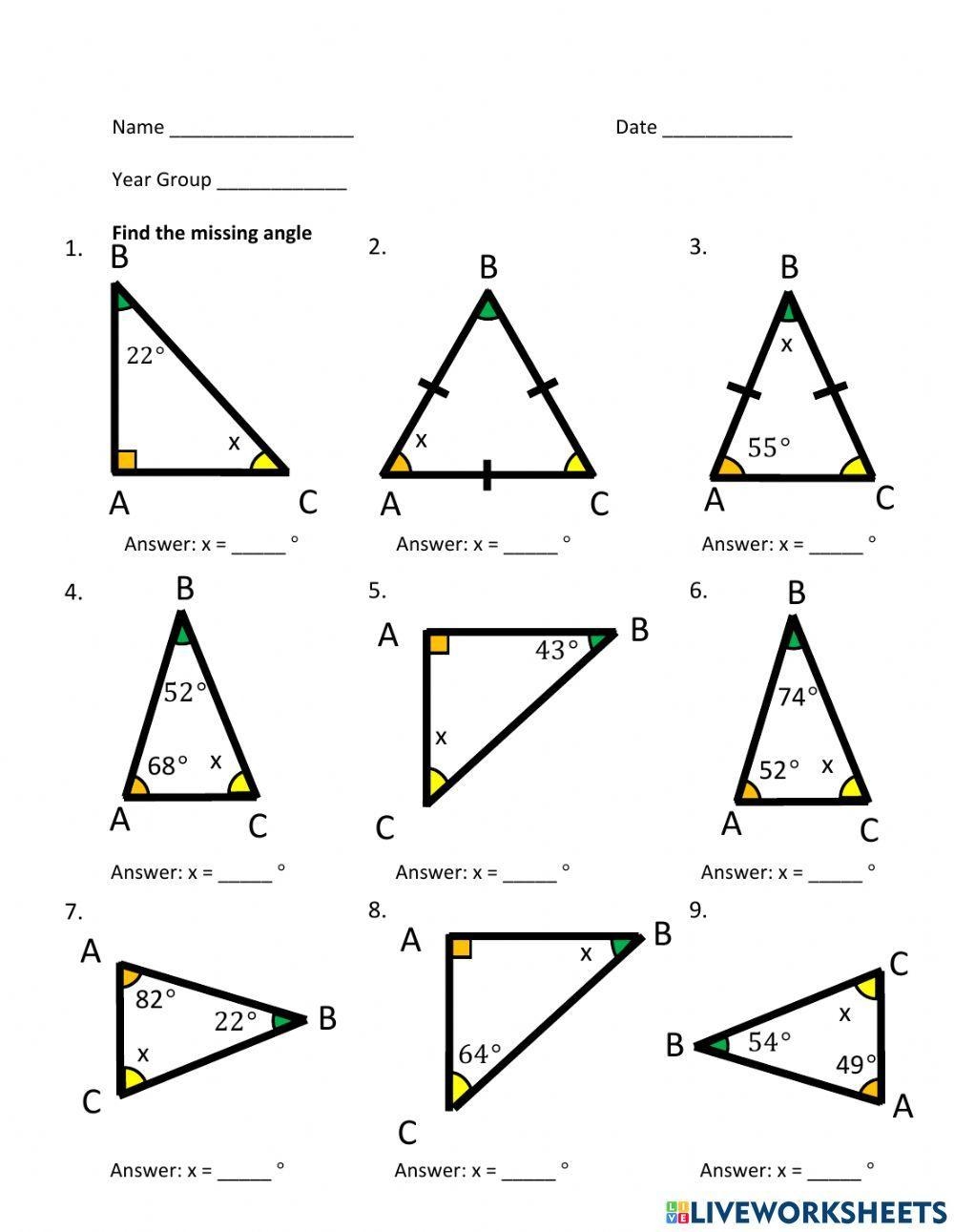 missing angles in triangles worksheet