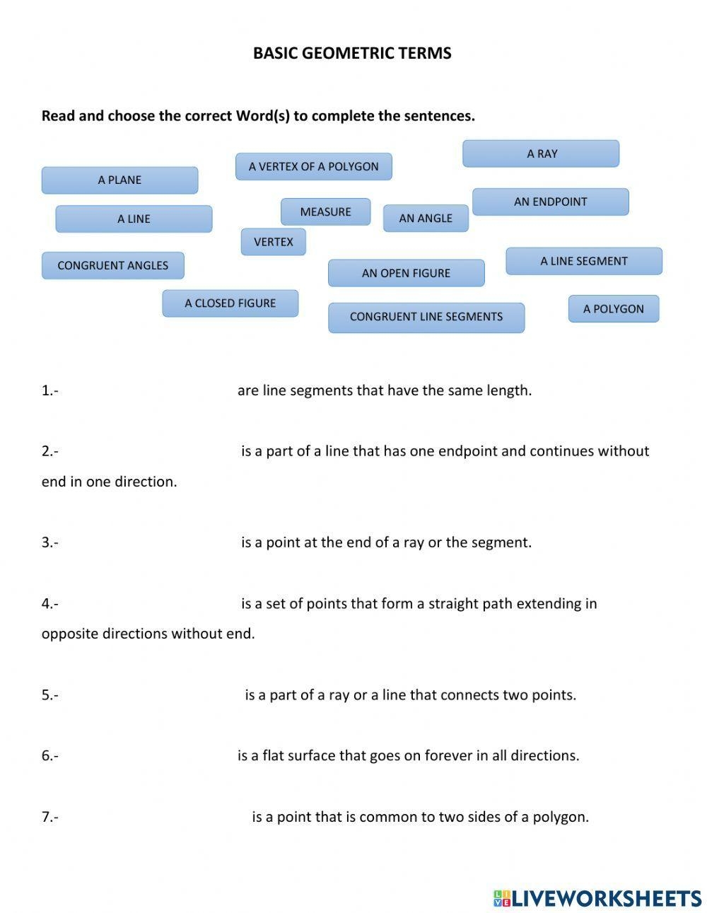 Basic Geometric Terms Interactive Worksheet Live Worksheets 