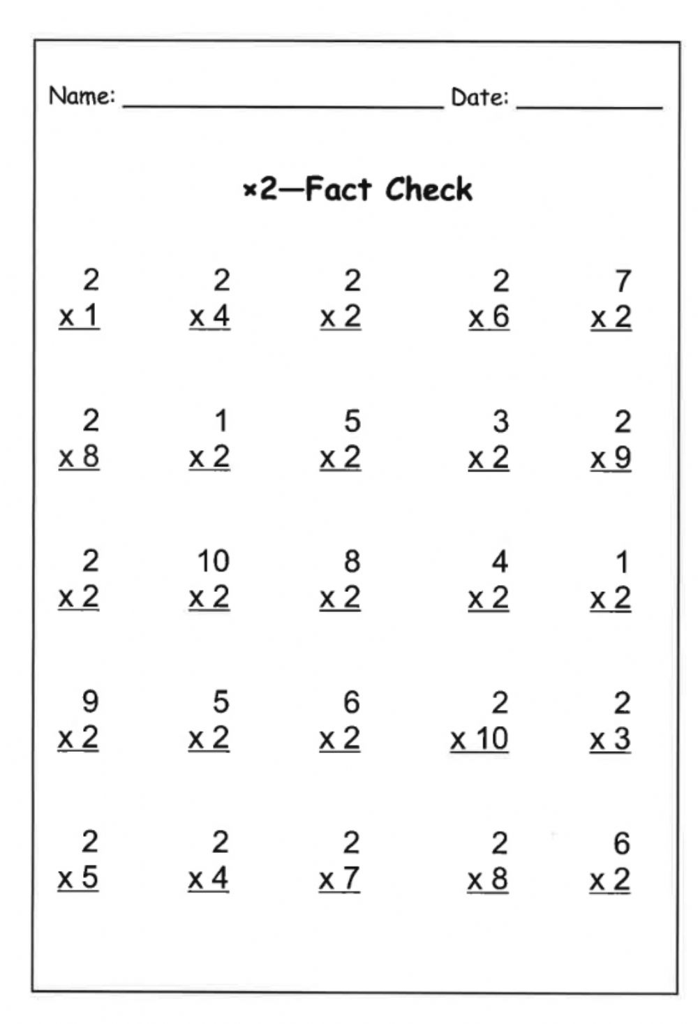 multiplication math facts worksheets