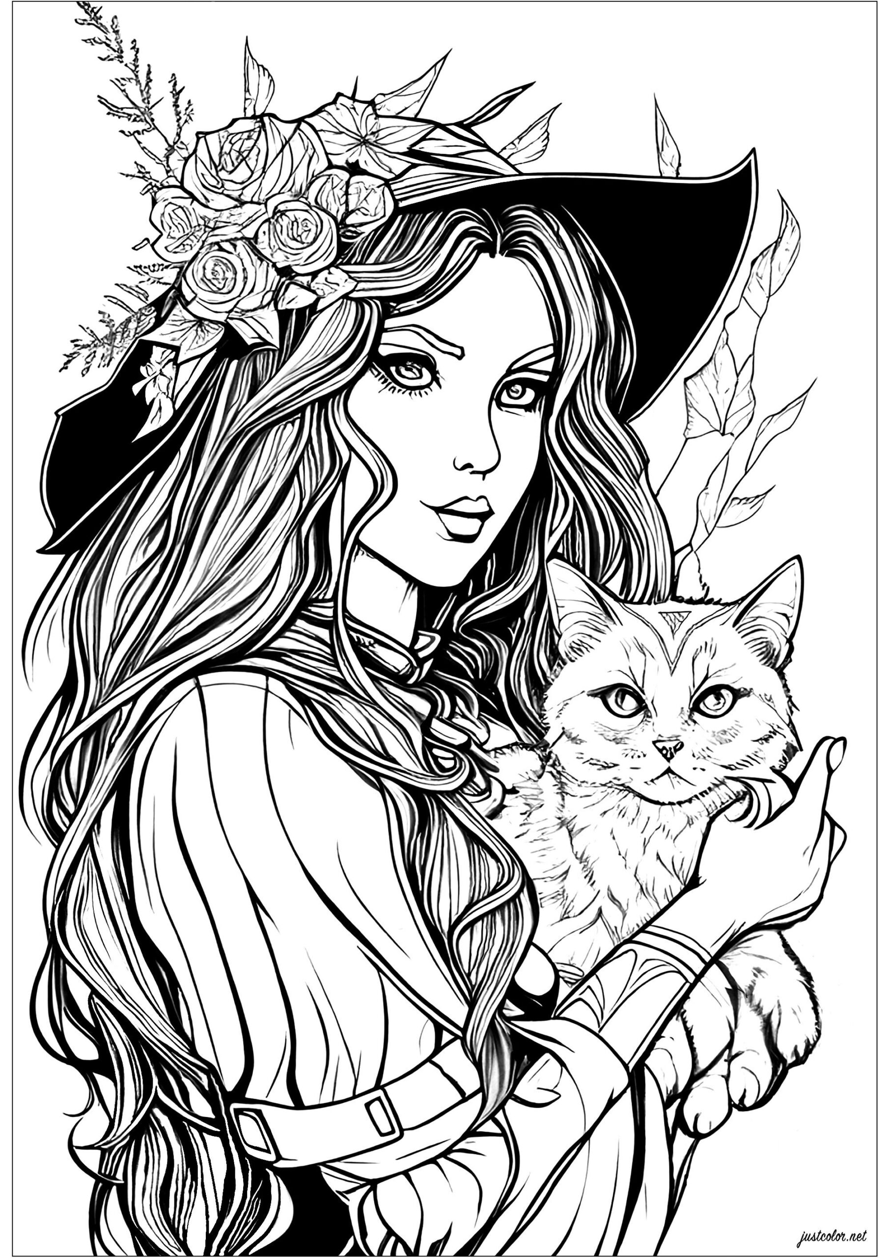 Bewitching Witch And Her Cat Halloween Coloring Pages For Adults
