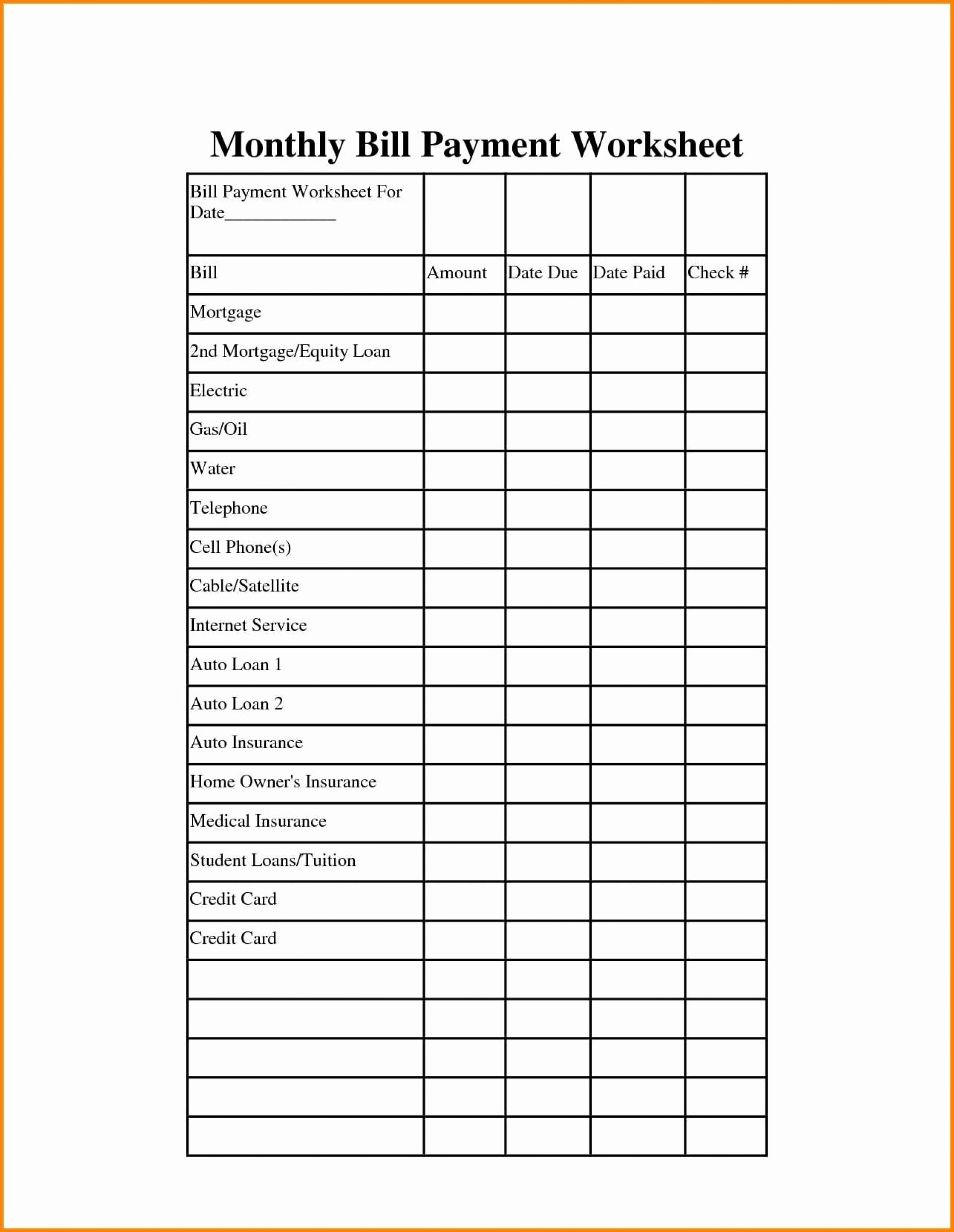 Bill Budget Worksheet Budgeting Worksheets