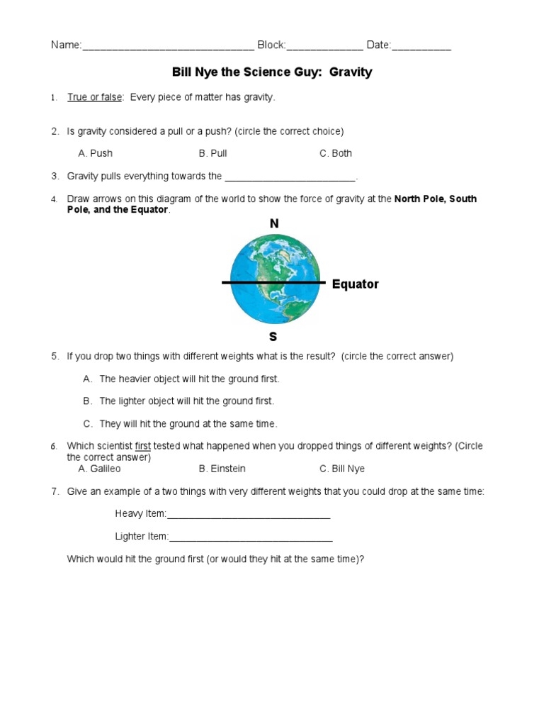 gravity worksheet