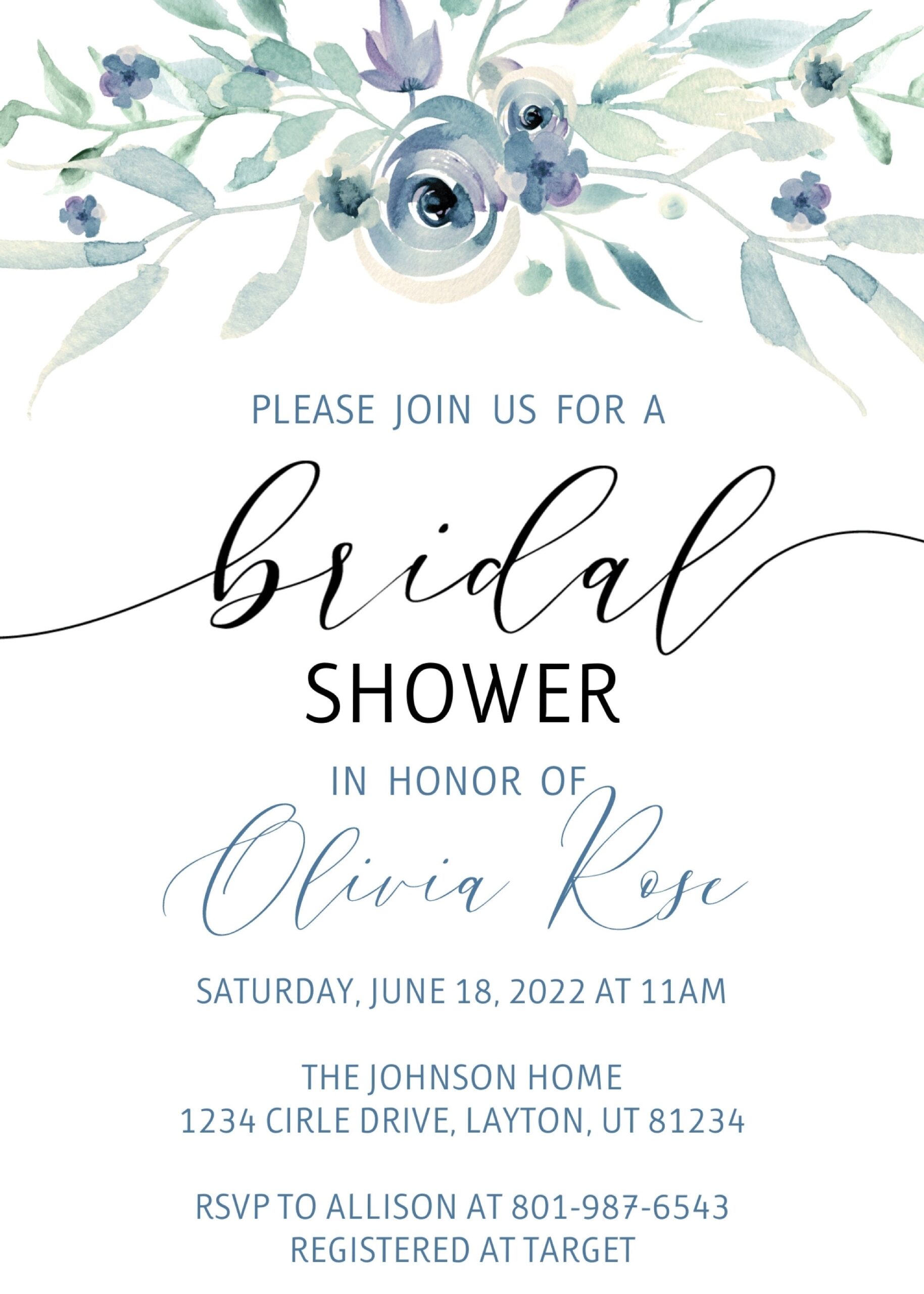 Blue Floral Bridal Shower Invitation Flat Flowers Etsy