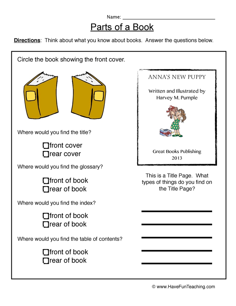 Book Parts Worksheet Have Fun Teaching