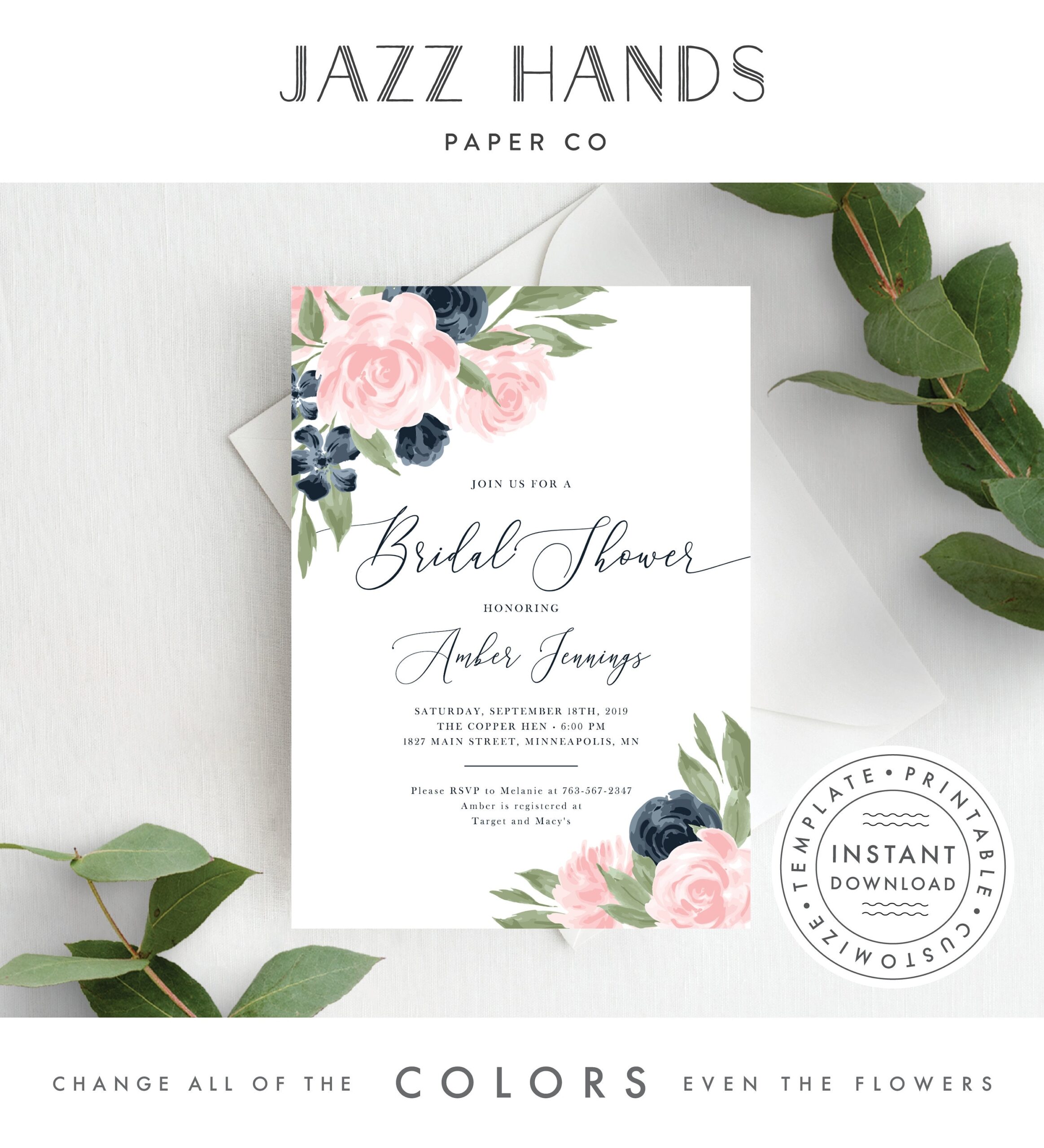 Bridal Shower Invitation Template Blush Pink And Navy Floral Etsy