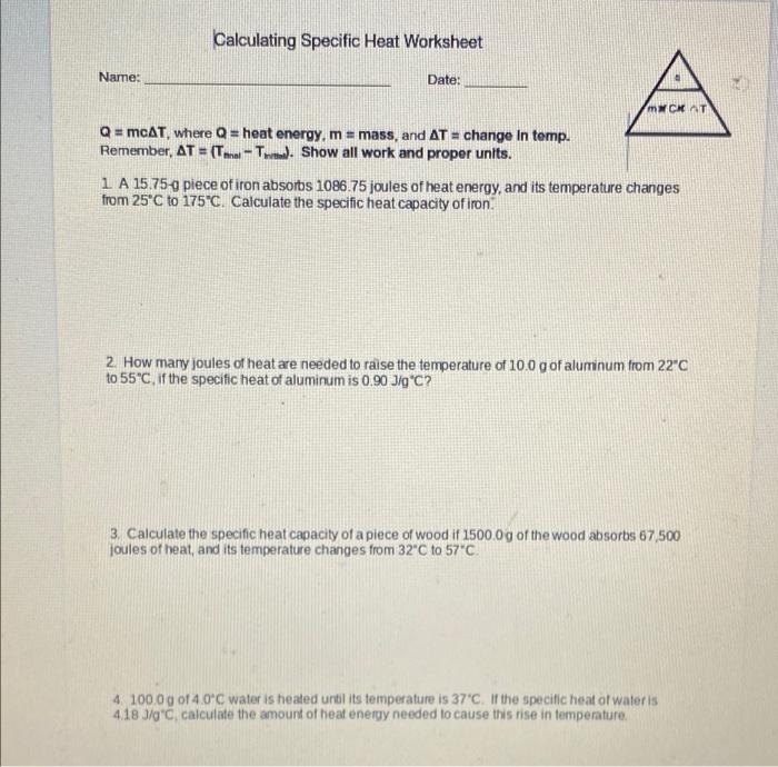 specific heat calculations worksheet