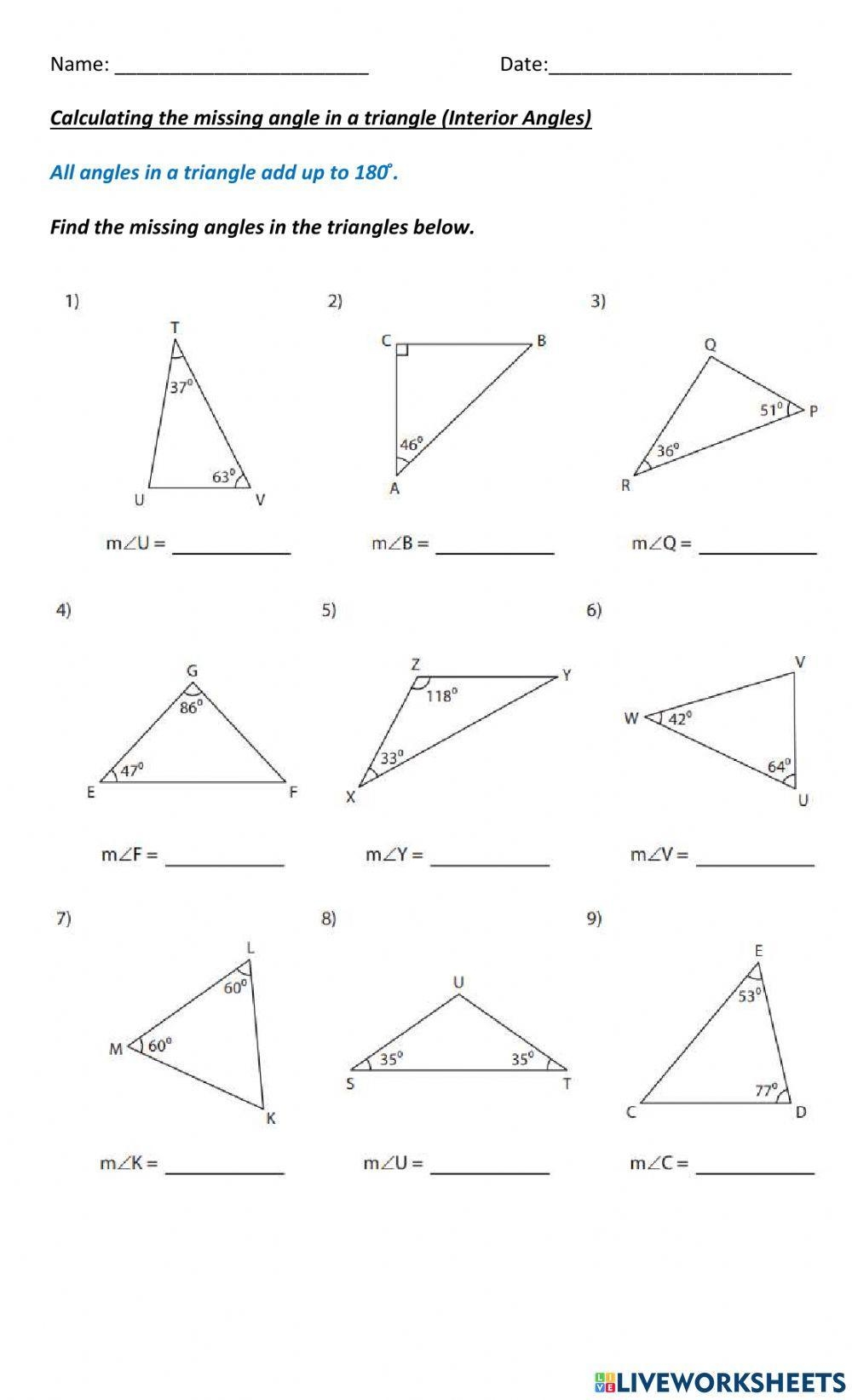 Calculating The Missing Angle In A Triangle Worksheet Live 