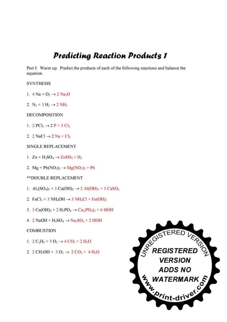 Chemical Reactions Worksheet Answers Db excel