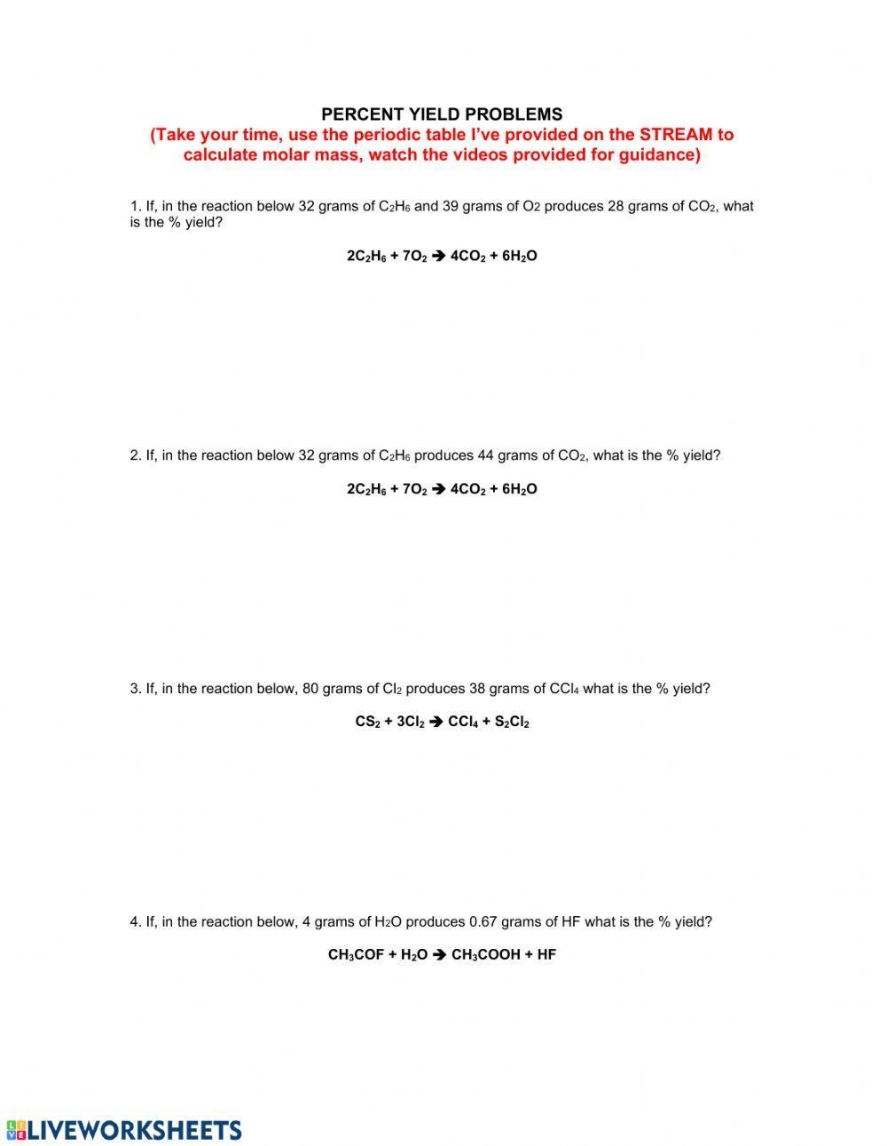 Chemistry Percent Yield Problems Worksheet Live Worksheets 