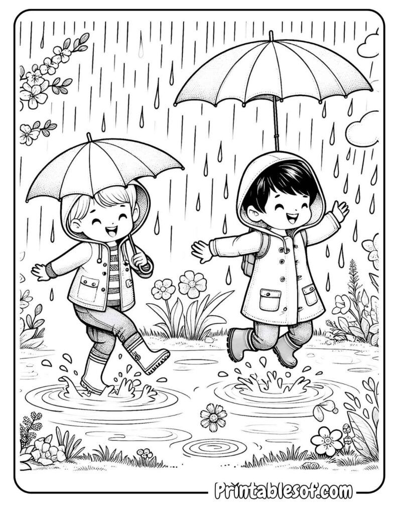 Children Playing In The Rain Coloring Page Free Printable Download
