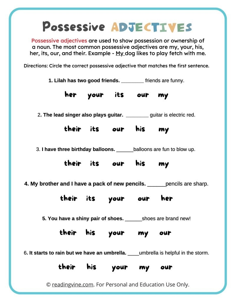 Circle The Possessive Adjectives Worksheet image ReadingVine
