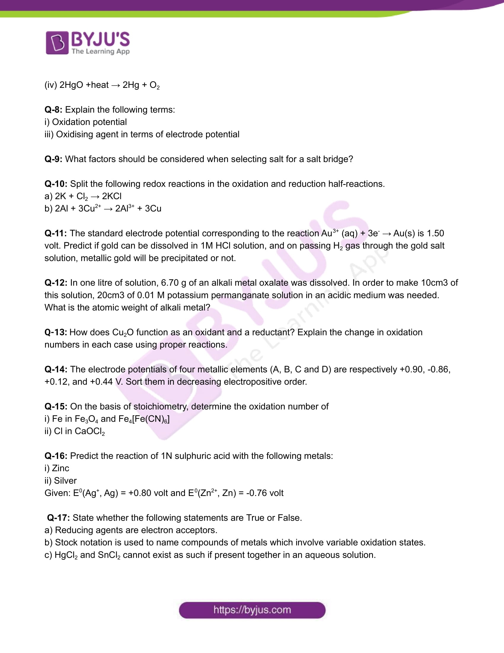 redox reactions worksheet