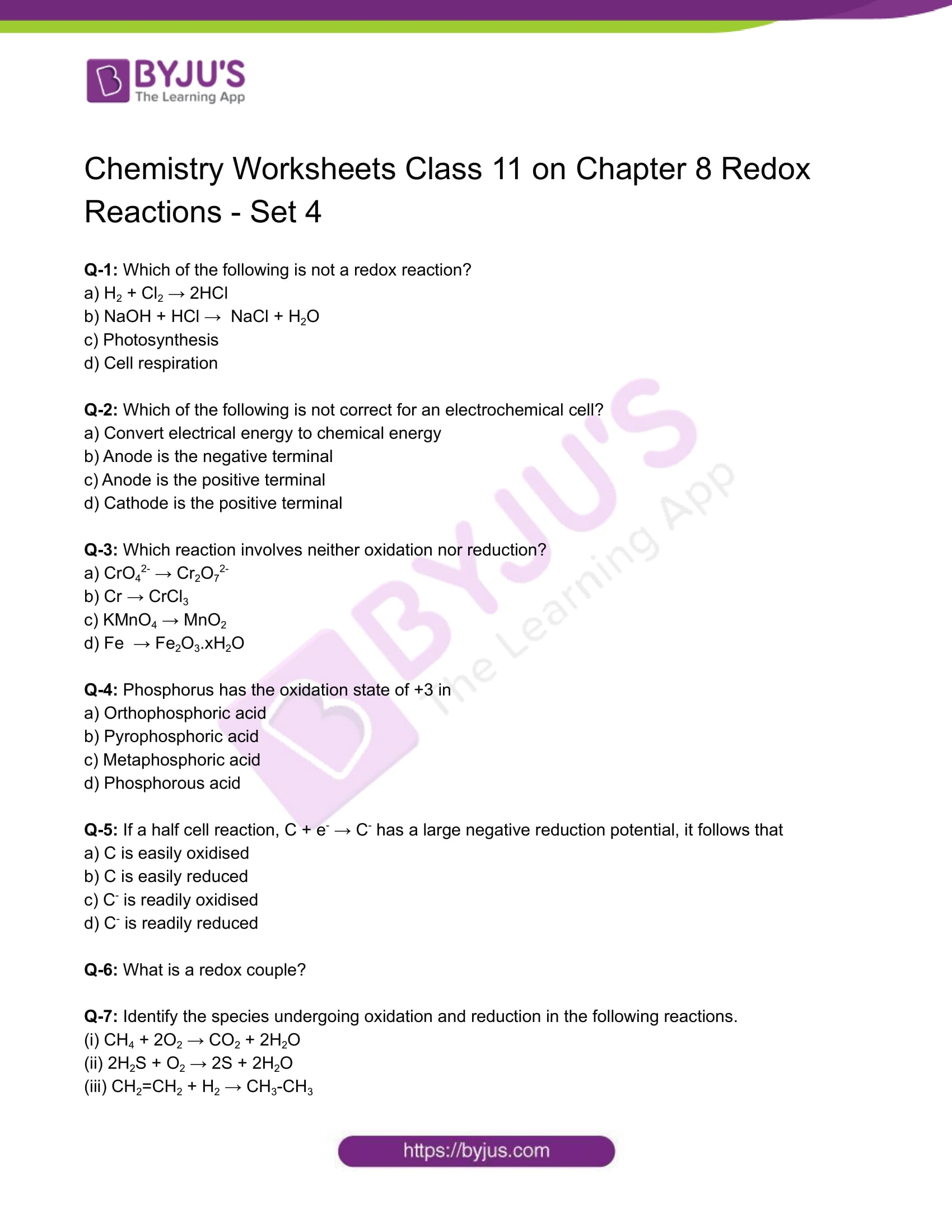 Class 11 Chemistry Worksheet On Chapter 8 Redox Reactions Set 4 