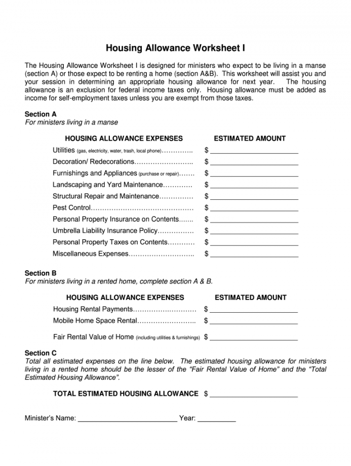 Clergy Housing Allowance Worksheet Martin Lindelof