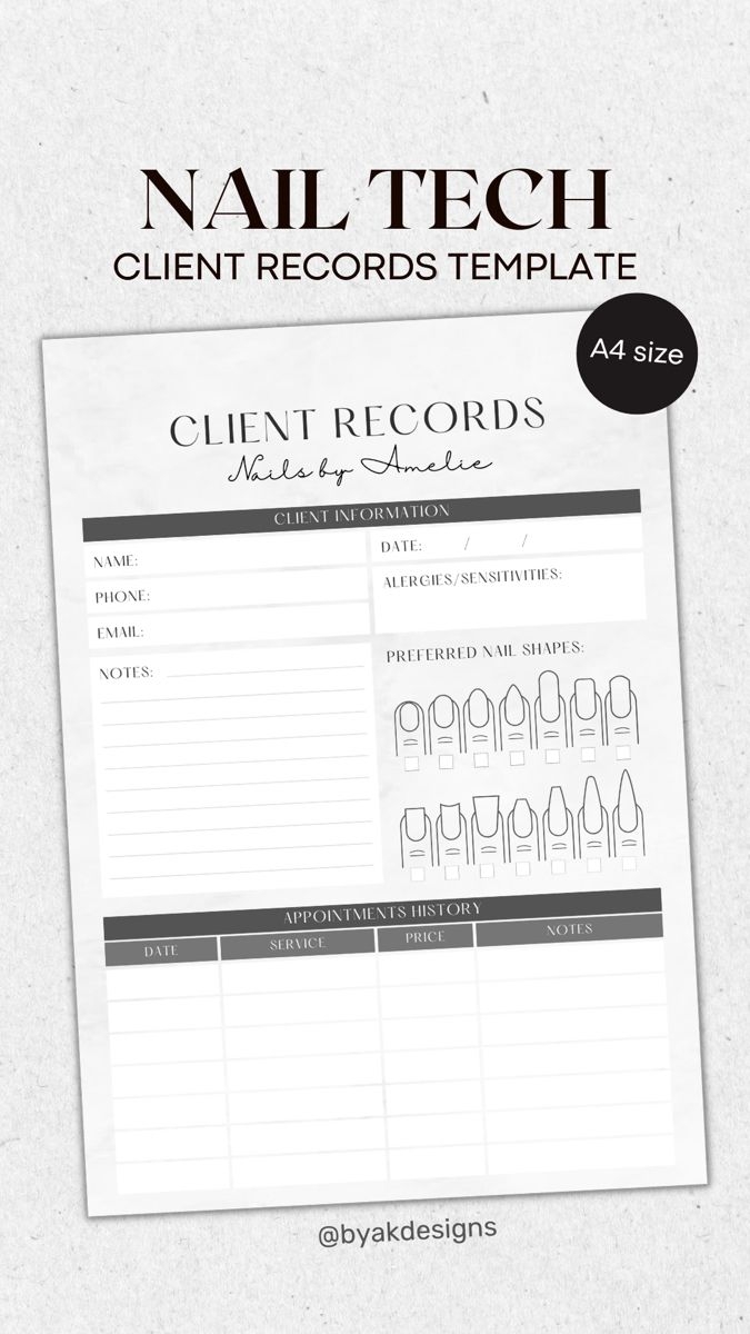 Client Record Card Printable Nail Tech Client Form Client Record 